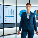 A competent female professional in a modest, elegant business suit, standing confidently in a bright, contemporary office space. Large, transparent screens around her display abstract data visualizations and dynamic AI interfaces, with a subtle holographic projection of data she is gesturing towards. The scene emphasizes seamless human-AI collaboration and efficiency. perfect anatomy, correct proportions, natural pose, well-formed hands, proper finger count, natural body proportions, professional photography, high resolution, detailed, safe for work, appropriate content, fully clothed, professional.