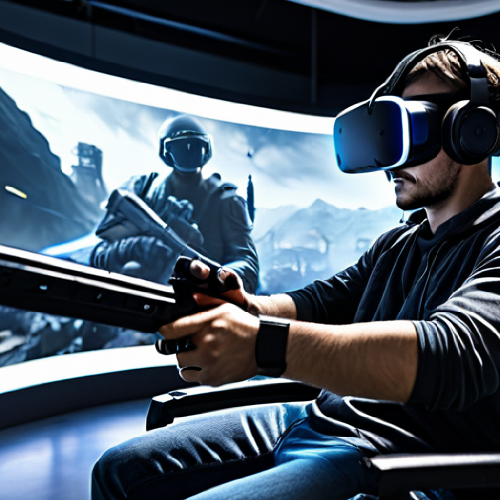 VR Gaming Immersion**

A fully clothed gamer wearing a VR headset, immersed in a realistic virtual reality game environment. The gamer is holding virtual weapons, with a futuristic battlefield visible in the VR display. The scene includes details like well-lit room with gaming setup and comfortable gaming chair. safe for work, appropriate content, fully clothed, professional, perfect anatomy, correct proportions, natural pose, high resolution, detailed.

**