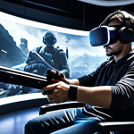 VR Gaming Immersion**

A fully clothed gamer wearing a VR headset, immersed in a realistic virtual reality game environment. The gamer is holding virtual weapons, with a futuristic battlefield visible in the VR display. The scene includes details like well-lit room with gaming setup and comfortable gaming chair. safe for work, appropriate content, fully clothed, professional, perfect anatomy, correct proportions, natural pose, high resolution, detailed.

**