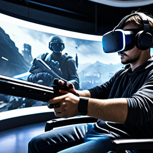 VR Gaming Immersion**

A fully clothed gamer wearing a VR headset, immersed in a realistic virtual reality game environment. The gamer is holding virtual weapons, with a futuristic battlefield visible in the VR display. The scene includes details like well-lit room with gaming setup and comfortable gaming chair. safe for work, appropriate content, fully clothed, professional, perfect anatomy, correct proportions, natural pose, high resolution, detailed.

**