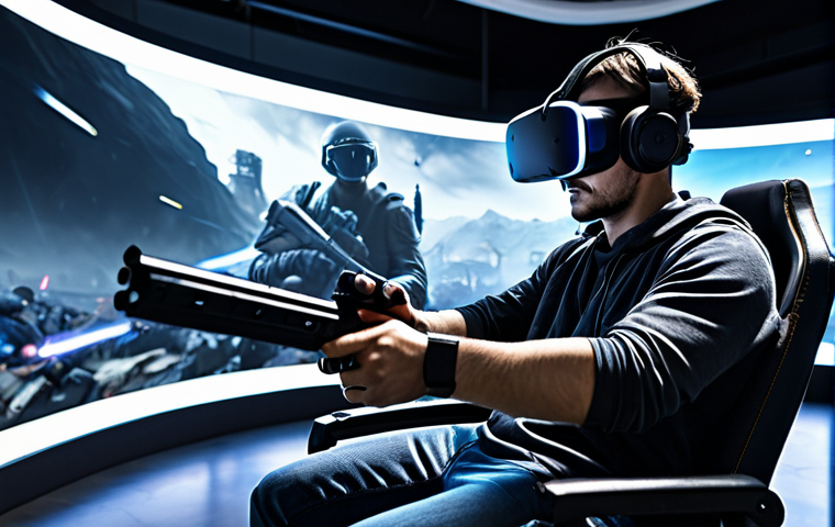 VR Gaming Immersion**

A fully clothed gamer wearing a VR headset, immersed in a realistic virtual reality game environment. The gamer is holding virtual weapons, with a futuristic battlefield visible in the VR display. The scene includes details like well-lit room with gaming setup and comfortable gaming chair. safe for work, appropriate content, fully clothed, professional, perfect anatomy, correct proportions, natural pose, high resolution, detailed.

**