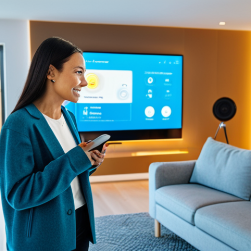 Smart Home Automation**

"A modern, bright living room with integrated smart home technology. A fully clothed woman is casually interacting with a voice assistant. The scene includes automated lights, smart thermostat display, and a security camera visible in the corner. Safe for work, appropriate content, fully clothed, professional, perfect anatomy, natural proportions, well-lit environment."

**