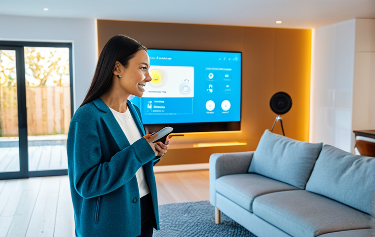 Smart Home Automation**

"A modern, bright living room with integrated smart home technology. A fully clothed woman is casually interacting with a voice assistant. The scene includes automated lights, smart thermostat display, and a security camera visible in the corner. Safe for work, appropriate content, fully clothed, professional, perfect anatomy, natural proportions, well-lit environment."

**
