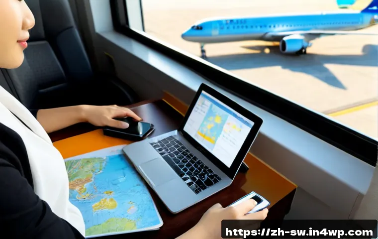 기술 발전과 관련된 인기 여행 블로그 소개 - Photorealistic modern travel blogger working at a bright airport lounge desk, open laptop displaying...