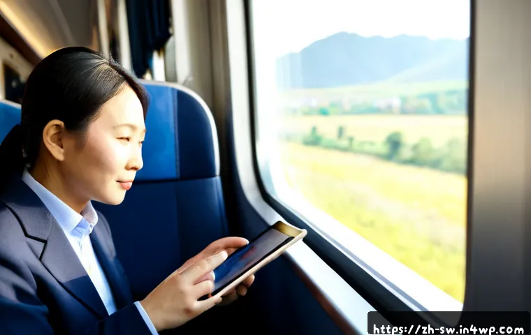 기술 발전 여행의 의미와 가치 - Photorealistic scene of a senior traveler using a sleek tablet beside a sunlit train window, watchin...