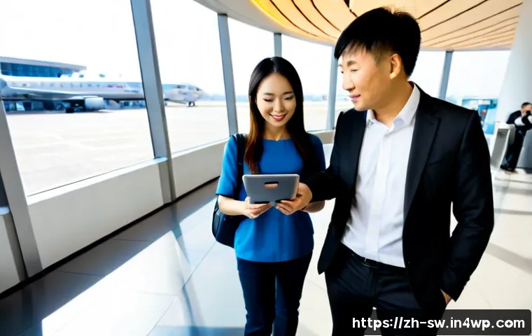 기술 발전 여행에서의 비즈니스 기회 - Photorealistic modern airport business lounge, confident Asian travel entrepreneur reviewing a table...
